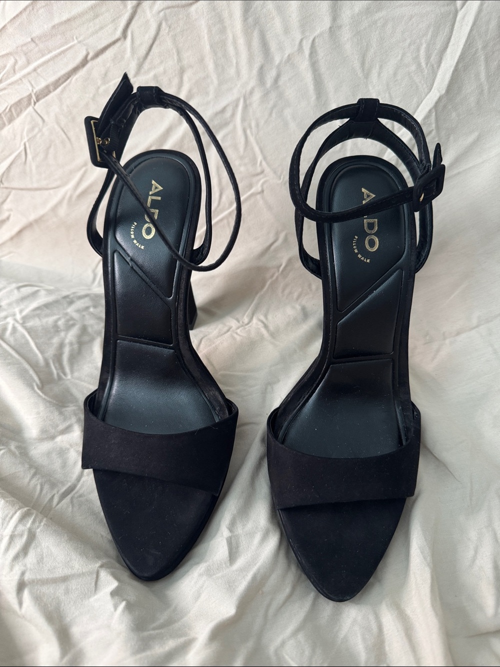 ALDO Black Suede Pointed-Toe Ankle-Strap Heels Pillow Walk